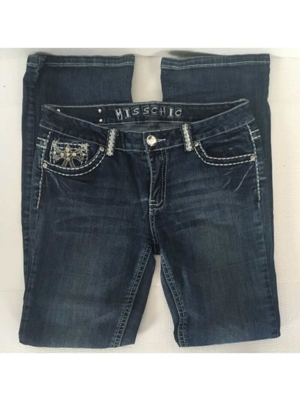Miss Chic Jeans Size 13 Blue Embellished Mid rise Bootcut Cross Pockets - Picture 3 of 15